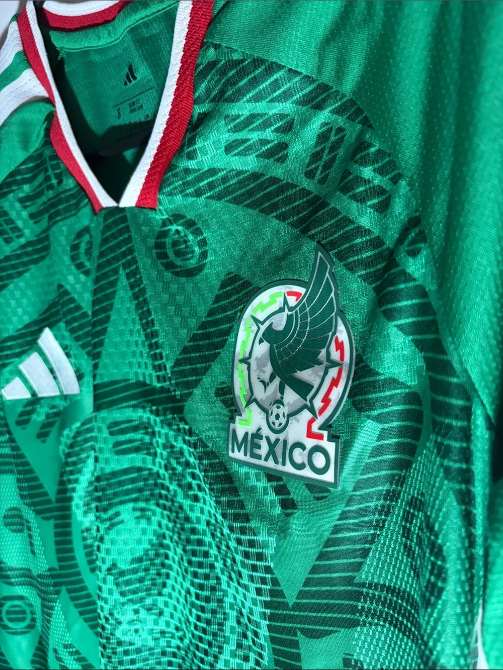 adidas Green Mexico Soccer Jersey with White Stripes and Red Trim